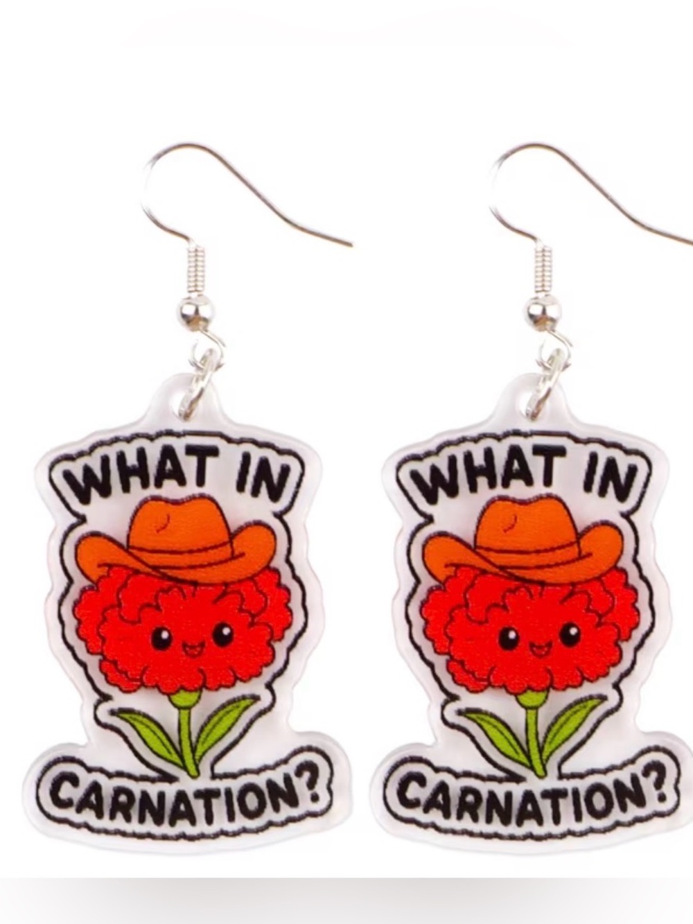 Cute Red Carnation Cartoon Earrings - 'What In Carnation?'